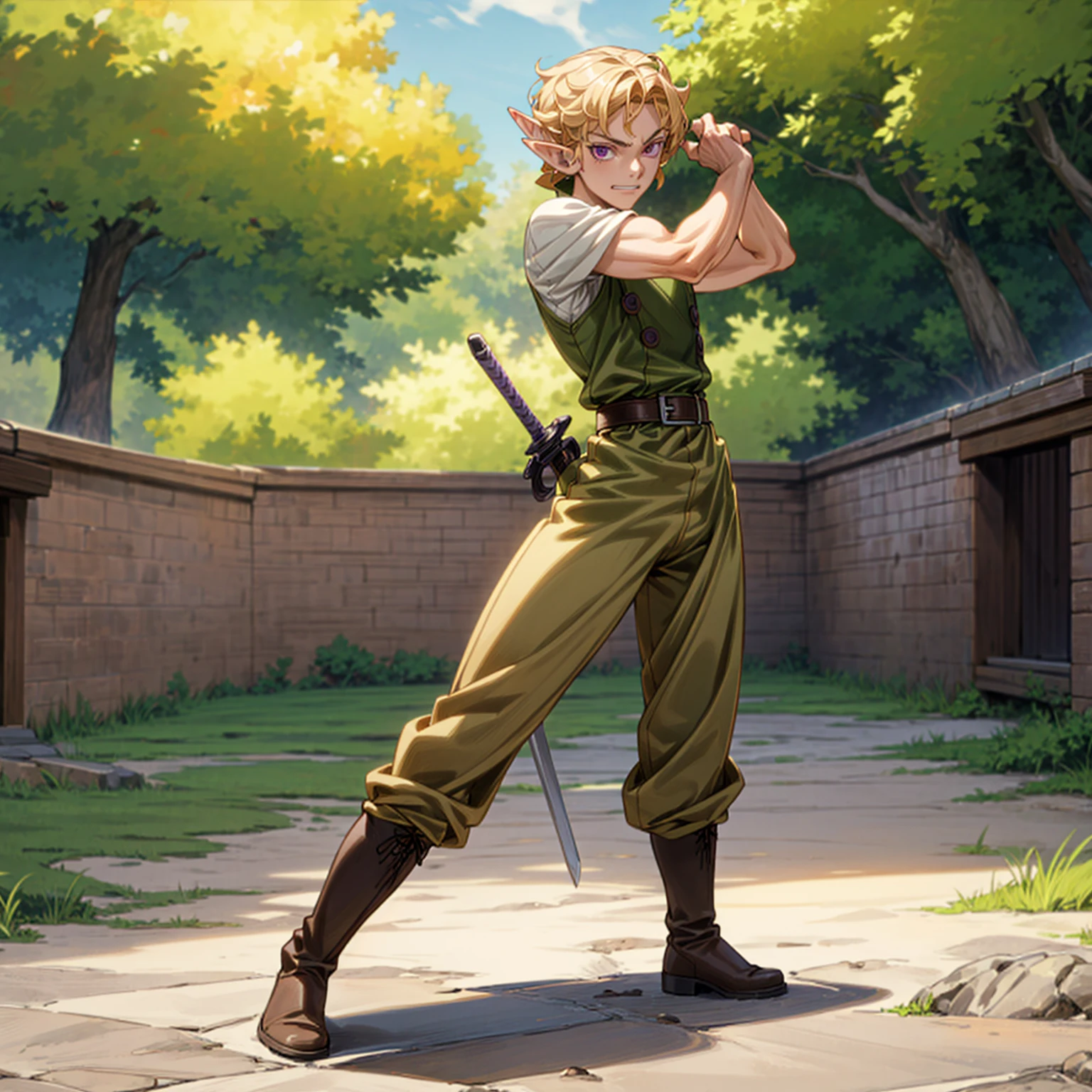 Solo character, full body version, young man, muscle, (elf), purple eyes, blonde color hair, Curly haircut, soldier clothing, brown long pants, boots, outdoor, town, detailed background, detailed clothing, detailed hair, muscle, standing gesture, (food wars style art, one piece style art), happy eyes, Sword in hand 