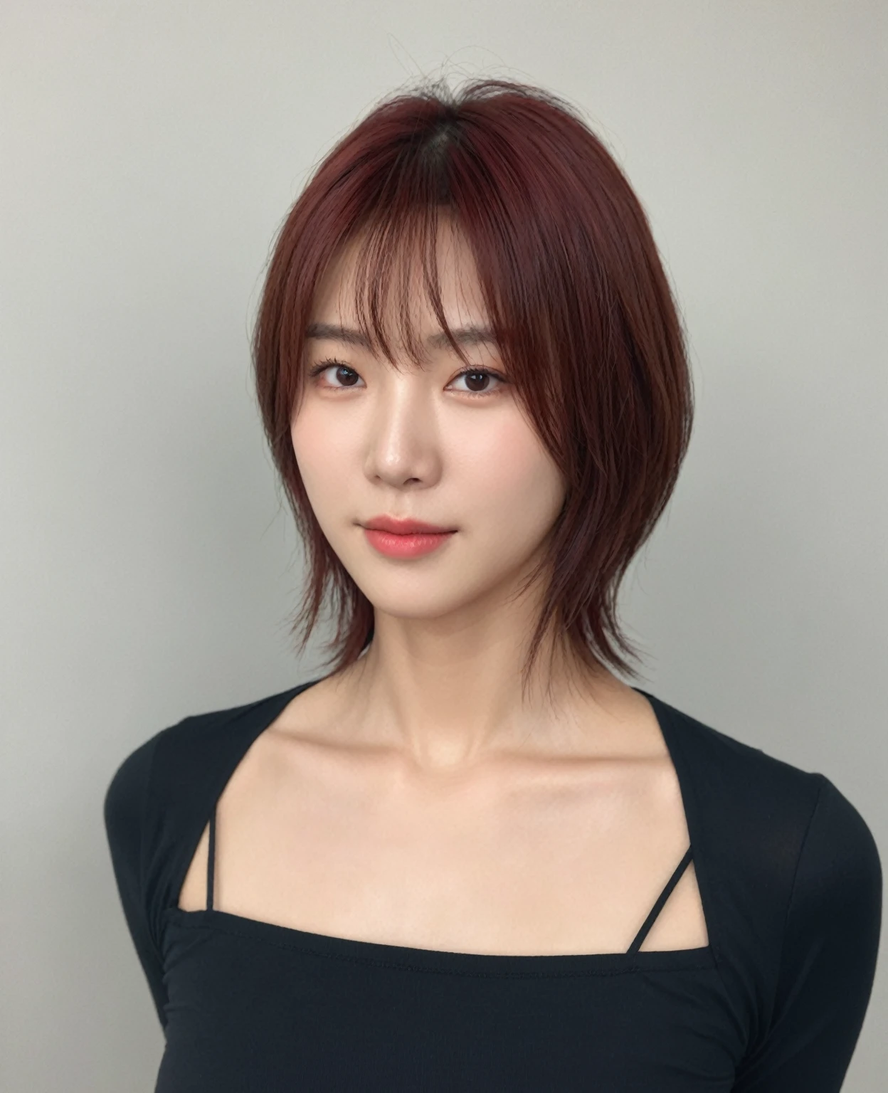 Best Quality, 8k, Masterpiece, (Portrait: 1.3),
(photo realistic:1.4), (hyper realistic:1.4),
Sharp Focus, looking at viewer,
(smoother lighting:1.1),
(increase cinematic lighting quality:0.9),
realistic lighting, backlighting, light on
face, ray trace, (brightening light:1.2)
, (Increase quality:1.4), sharp detail,
(best quality real texture skin:1.4),
finely detailed eyes, black_eyes,
finely detailed face, 25 year old
Korean woman, (black t-shirt:1.4),
(Create an image maintaining the
original base model hairstyle:1.5),smiling_face