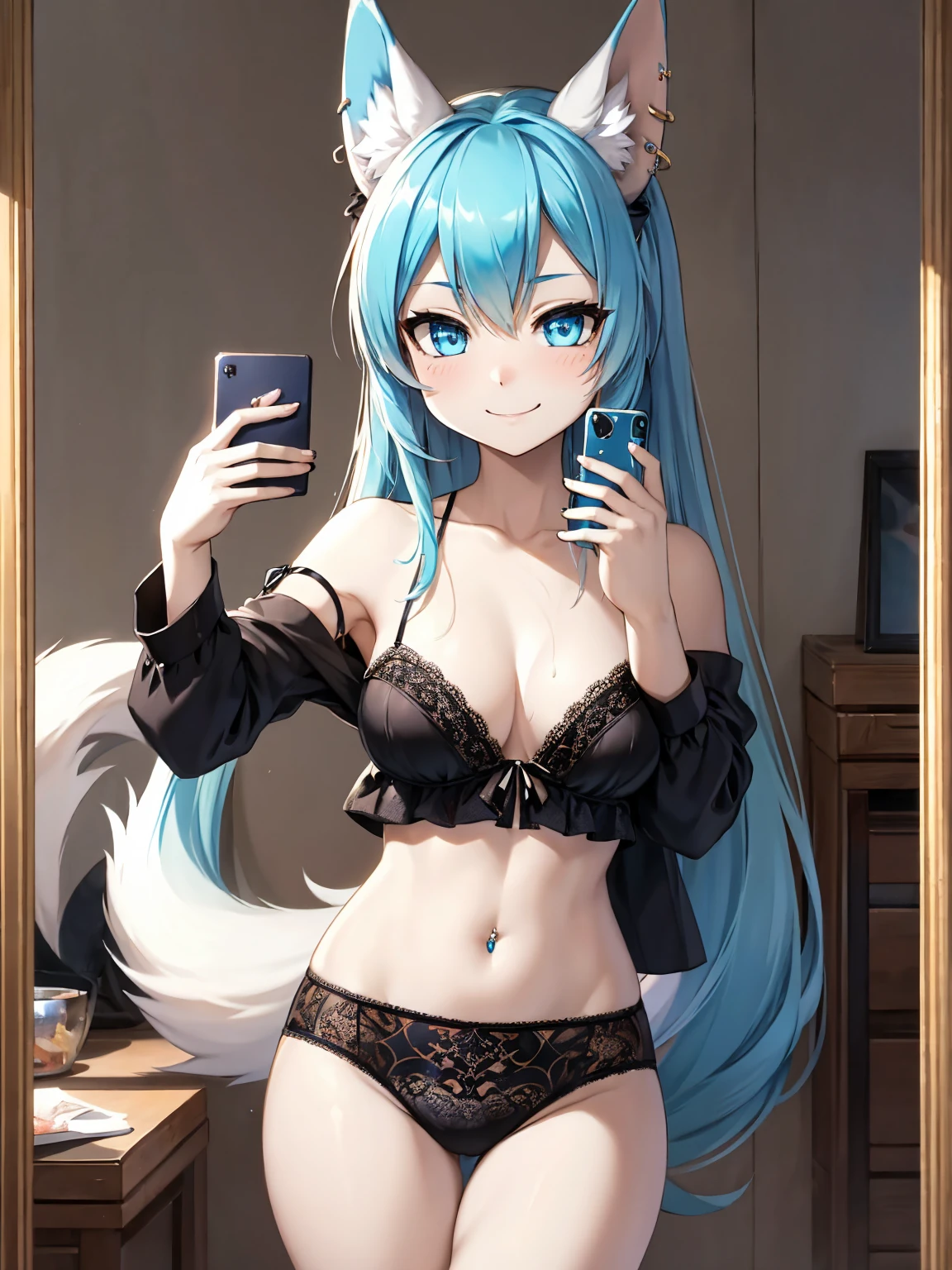 Miku Hatsune, add high definition_detail:1, blue fur,kitsune ears, tribal tattoo add_detail:1, She takes a selfie in front of the mirror in a room during a full moon showing off her beautiful figure and her outfit. (black blouse bare shoulders, flirty lingerie panties)sweaty body add_details:1, smiling add_detailsl:1, ear piercing add_detail:1, glowing blue eyes.