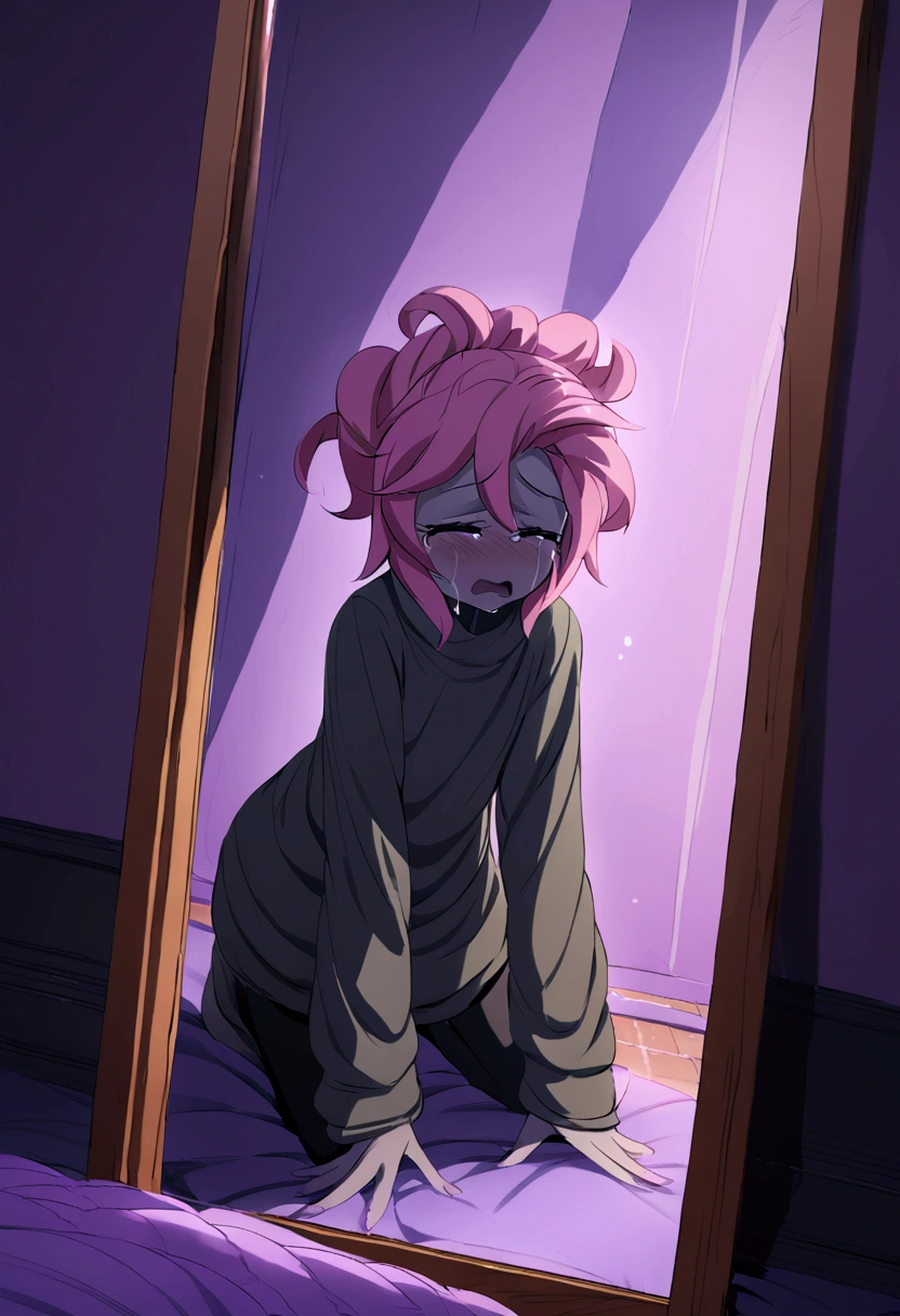 pinkie pie (mlp) sobbing, flat hair, in a large sweatshirt coat, kneeling in front of the bedroom mirror, the mirror was broken by something thrown, 