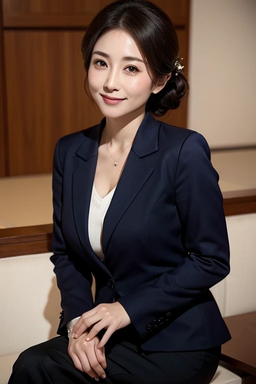 masterpiece、Beautiful Japanese Mature、Beautiful Eyes、Beautiful Face、Sexy Breasts、Sexy Legs、business suit、Cotton tight skirt、smile、round face、Updo、