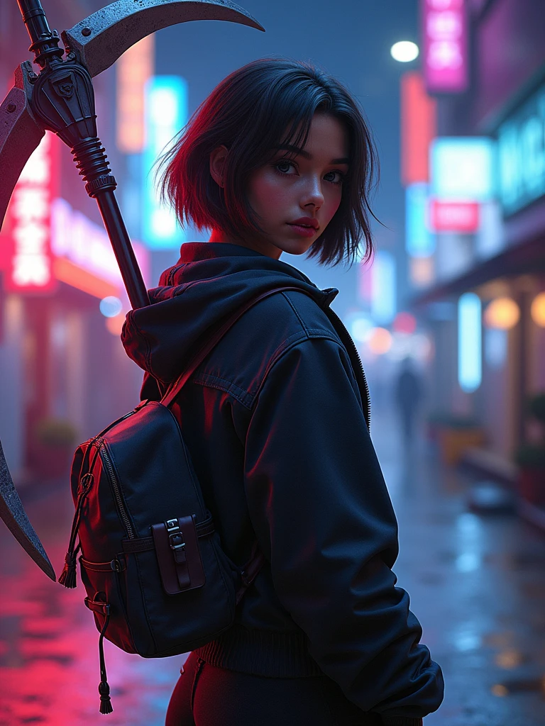 A reaper girl, 23 years old, carrying a scythe,brown short hair, 8k, highest quality, fantasy, vibrant colors, futuristic, brown skin, beautiful casual clothes, neon color, night vision