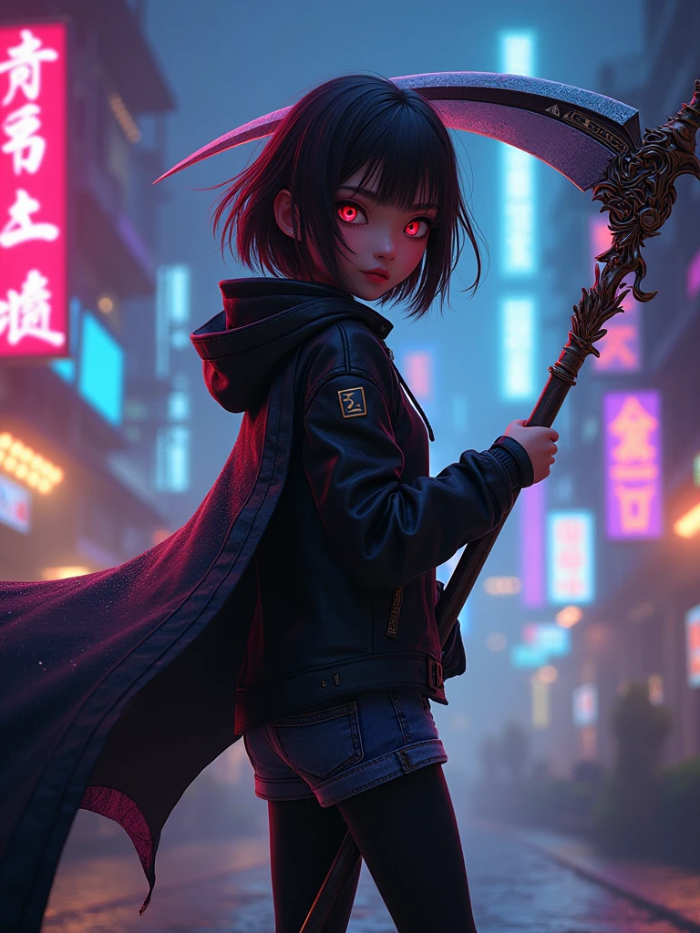 A reaper girl, 23 years old, carrying a scythe,brown short hair, 8k, highest quality, fantasy, vibrant colors, futuristic, brown skin, beautiful casual clothes, neon color, night vision