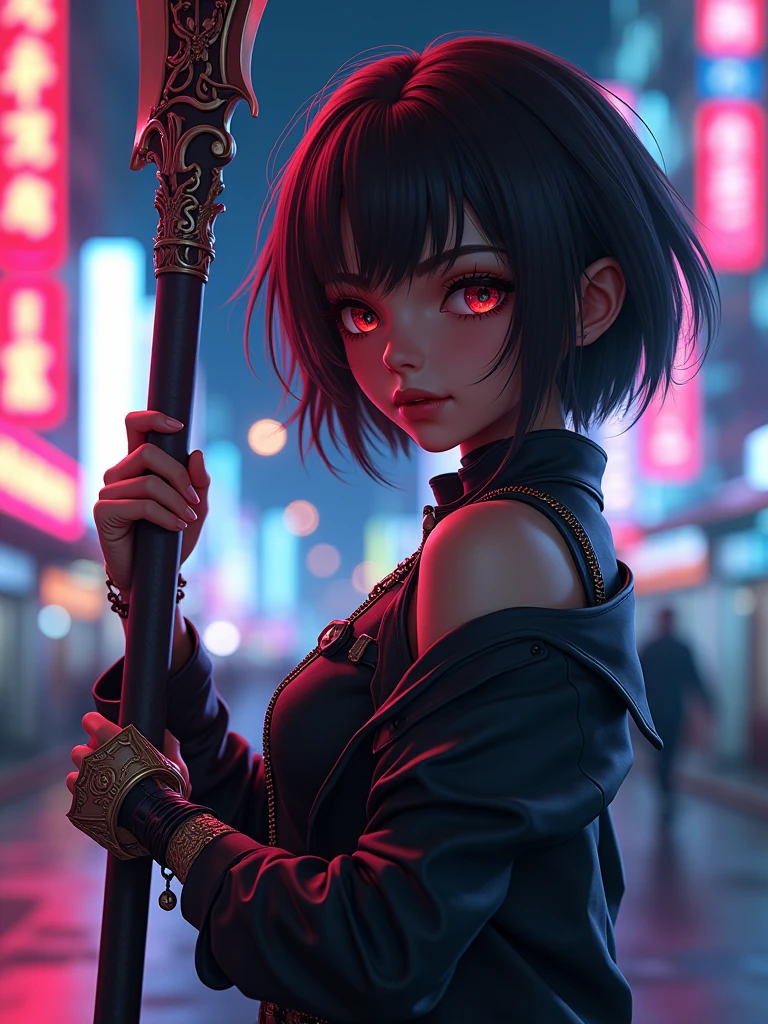 A reaper girl, 23 years old, carrying a scythe,brown short hair, 8k, highest quality, fantasy, vibrant colors, futuristic, brown skin, beautiful casual clothes, neon color, night vision