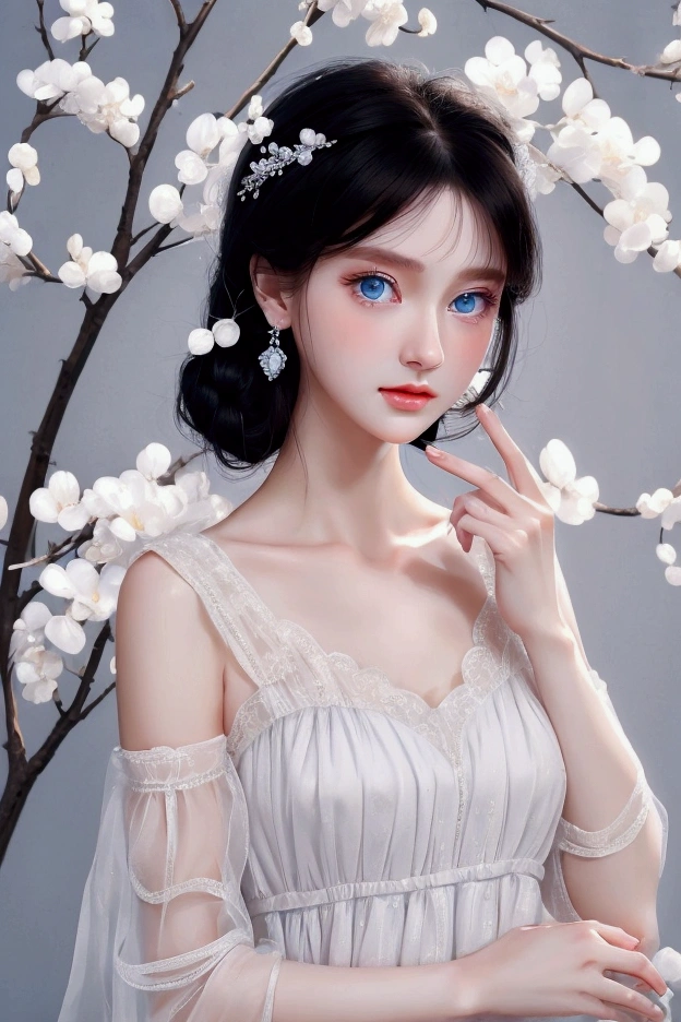 1 female, Black Hair, Blue Eyes, Delicate face, cute, Love Earrings, White Dress, , Playful, Ultra HD, masterpiece, Highest quality, Super Detail, Accurate、Upper Body、最高masterpiece、Highest quality、Ultra delicate、beautiful、超beautiful、up