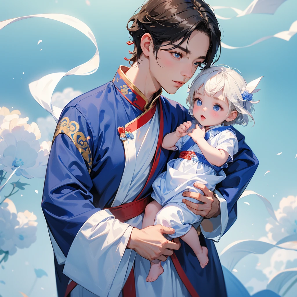 A one-year-old baby boy in an ancient Chinese baby costume with his beautiful mother, dressed in an white ancient Chinese costume, Stroll among the Nemophila fields , There are some floating clouds, playing with each other, with his handsome father standing next to his mother, close up.