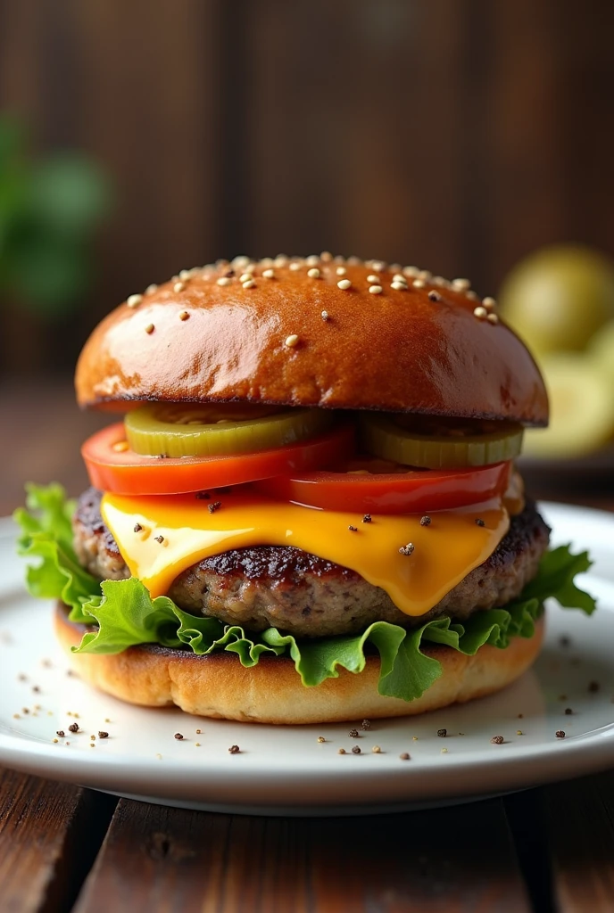 A delicious burger，There is a burger on the plate，table