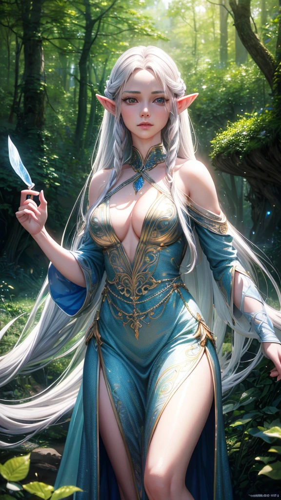 A beautiful elf girl with long flowing silver hair, detailed intricate facial features, porcelain skin, wearing an elegant flowing dress, standing in a lush fantasy forest, sunlight filtering through the trees, magical atmosphere, (best quality,4k,8k,highres,masterpiece:1.2),ultra-detailed,(realistic,photorealistic,photo-realistic:1.37),award winning digital art, highly detailed, fantasy, cinematic lighting, vibrant colors, ethereal