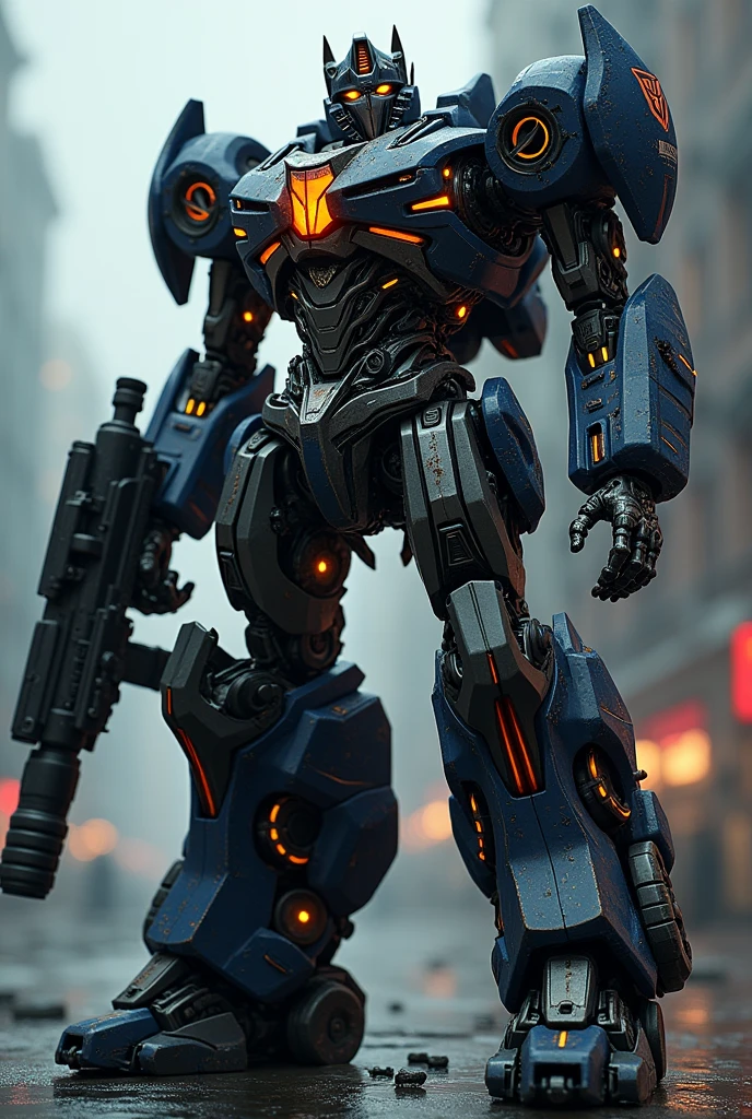 1 extremely detailed decepticon robot. Organic form , highly detailed cybernetic mech, intricate biomechanical machinery, industrial metallic textures, complex sci-fi design, striking pose, intense expression, glowing energy effects, dramatic cinematic lighting, epic dramatic composition, moody dark color palette, (best quality,4k,8k,highres,masterpiece:1.2),ultra-detailed,(realistic,photorealistic,photo-realistic:1.3. bazooka on hand. Police stripe. White black. Police sirens. Michael bay. Travis Scott