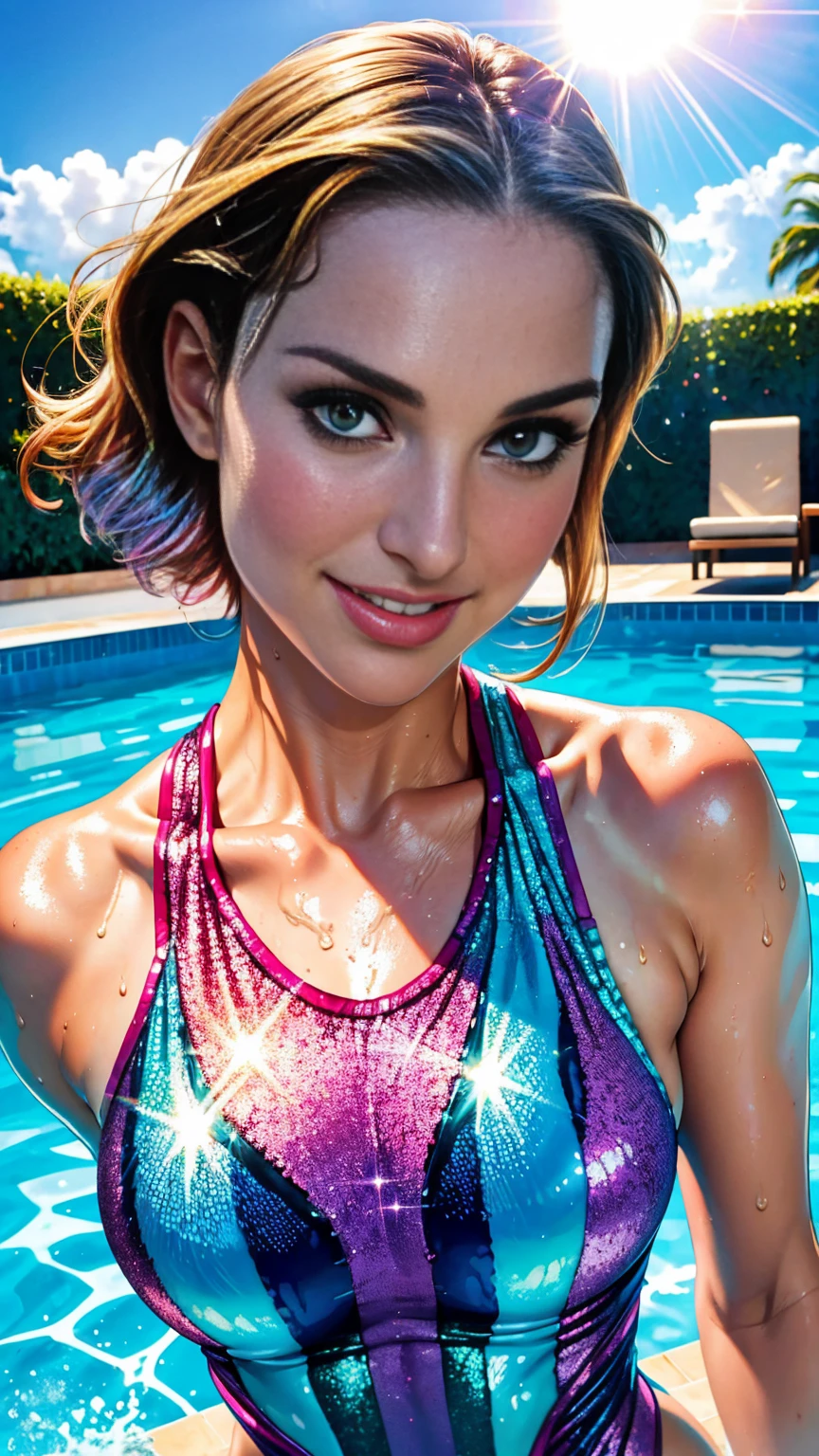Natalie Portman, tight wet iridescent sequinned one piece swimsuit, in the pool, facing camera, smile, morning sunshine