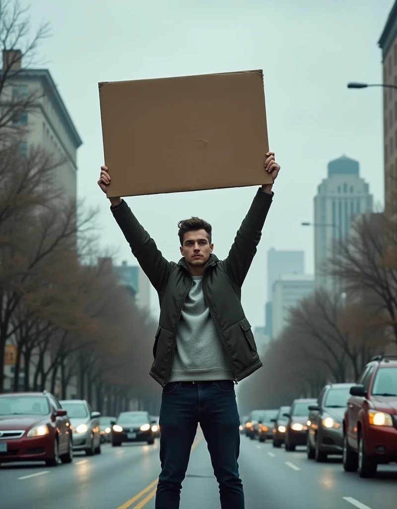 A young man stands alone in the middle of a city street, holding a large cardboard sign that reads "Don't Break The Rules" in bold letters. The man looks serious and determined, his expression reflecting concern. The street around him is quiet, with cars in the background, some parked and others driving by. The city skyline looms in the distance, with tall buildings, streetlights, and trees lining the road. The sky is cloudy, casting a somber mood over the scene, and the sign in the man’s hands stands out as a clear message of discipline and responsibility.