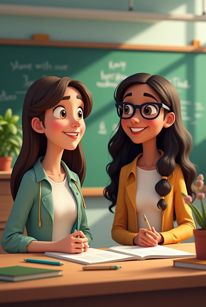 Two elementary school teachers in biology class,  the first teacher in a white coat and a moss green shirt with long batwing sleeves, and jeans pants, Her skin is white, her nose is turned up, her lips are pink, her lower lip is medium thick, and her upper lip is small., medium light brown eyes, bushy eyebrows and long straight hair and the other teacher had light brown skin with round dark brown eyes,  lips shaped like a cupid&#39;s bow medium thick, round nose with a tip dressed in a white coat with a pale pink blouse and black jeans and the color of her hair is curly and long, dark brown with a smile and black glasses in the rim, and say biology , la imagen animada de Disney and say biology en letras de titulo