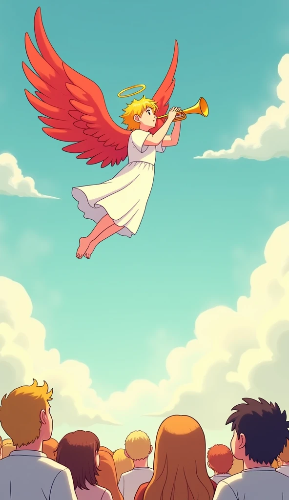 Many humans who rose from the coffin are listening and praising an angel with golden yellow hair and red wings who is blowing a trumpet in the sky. There are clouds and a blue sky. The anime cartoon line is simple. The line is like drawing using a brush and pencil. It is cute, simple and easy on the eyes. It is cute and bright. The pastel color tone. 