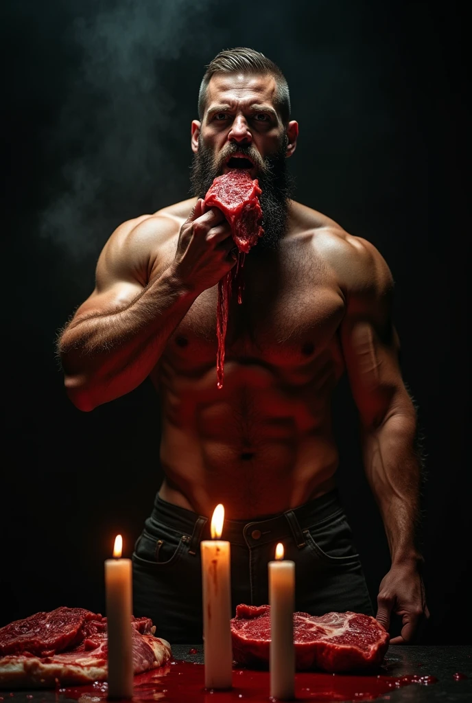art handsome naked man with beard athletic eats raw meat red blood black background candles
