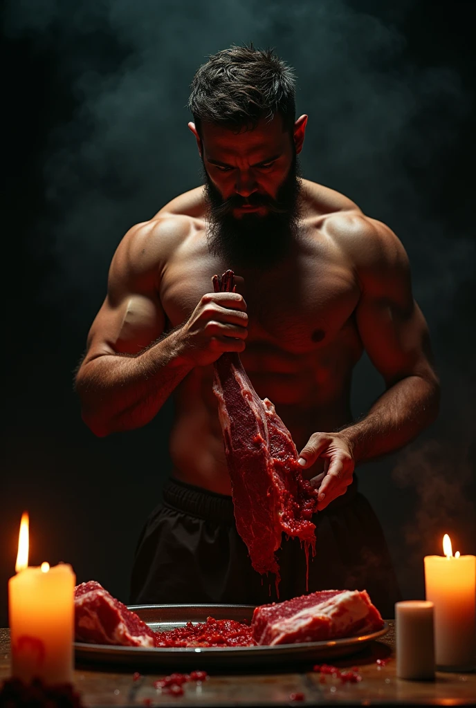 art handsome naked man with beard athletic eats raw meat red blood black background candles