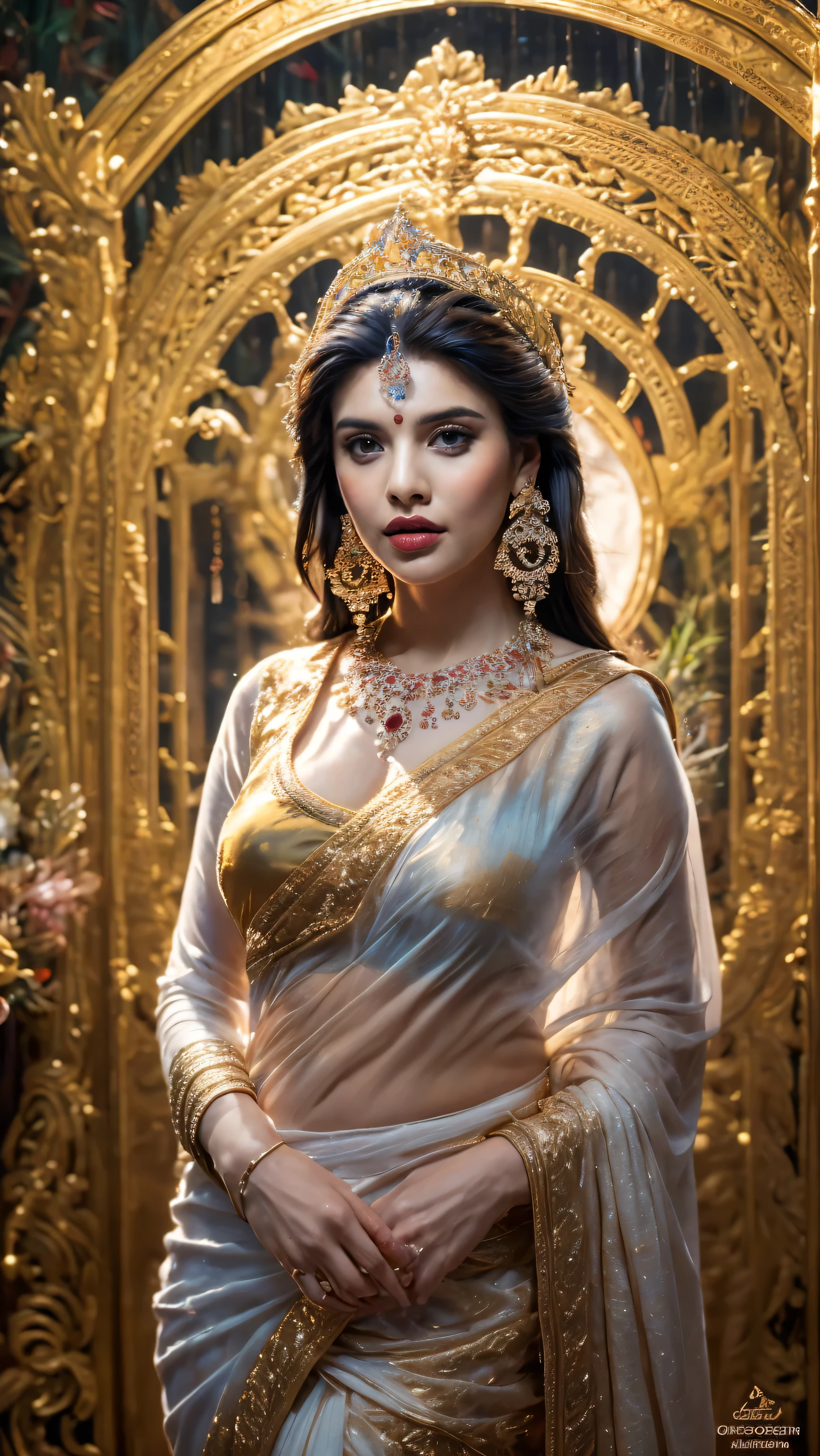 ((Best quality, 8k, Masterpiece :1.3)), Sharp focus :1.2, Generate a realistic image of a beautiful sexy Indian woman plus size body: 8.5 dressed in a white Kasava saree, adorned with traditional ornaments, standing in a well-lit room with cinematic lighting. ((Front view, random elegant pose)), and there is a sense of grace and elegance in her posture. The background should complement the scene, enhancing the overall aesthetic appeal of the image. Photography by Brandon Woelfel, Full shot: Canon EF 16-35mm f/2.8L III USM lens on a Canon EOS 5D Mark IV camera, ultra realistic, 32k, HD