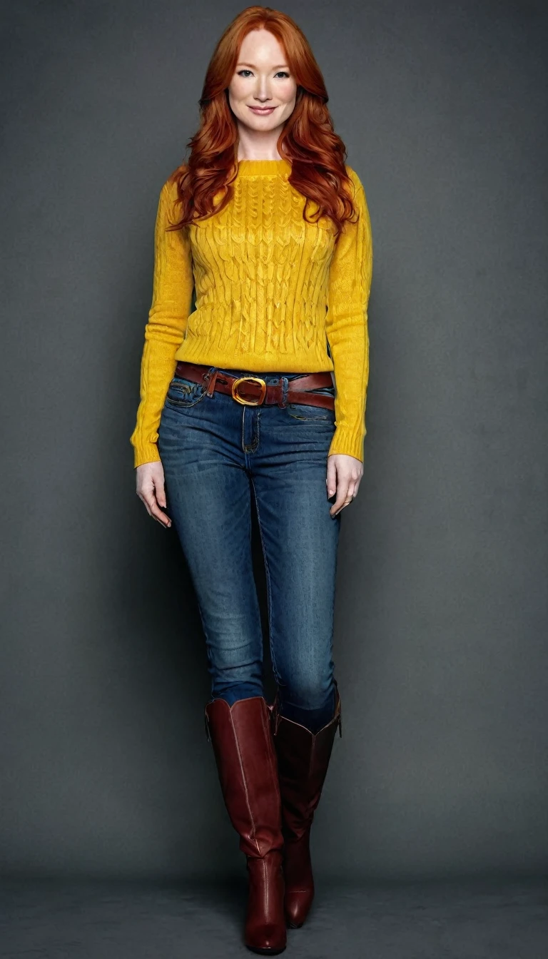 A full-body portrait of Alicia Witt as Marvel Comics' Mary Jane Watson. Alicia has long red hair and green eyes. Alicia smiles dazzlingly at the camera. Alicia wears a yellow sweater over a light-purple top and jeans and brown high-heeled boots. Alicia has lovely makeup on her face. Symmetrical eyes. Symmetrical face. Lovely details. Photorealistic. Full-colored photo. Professional photo. Highly detailed 8K.