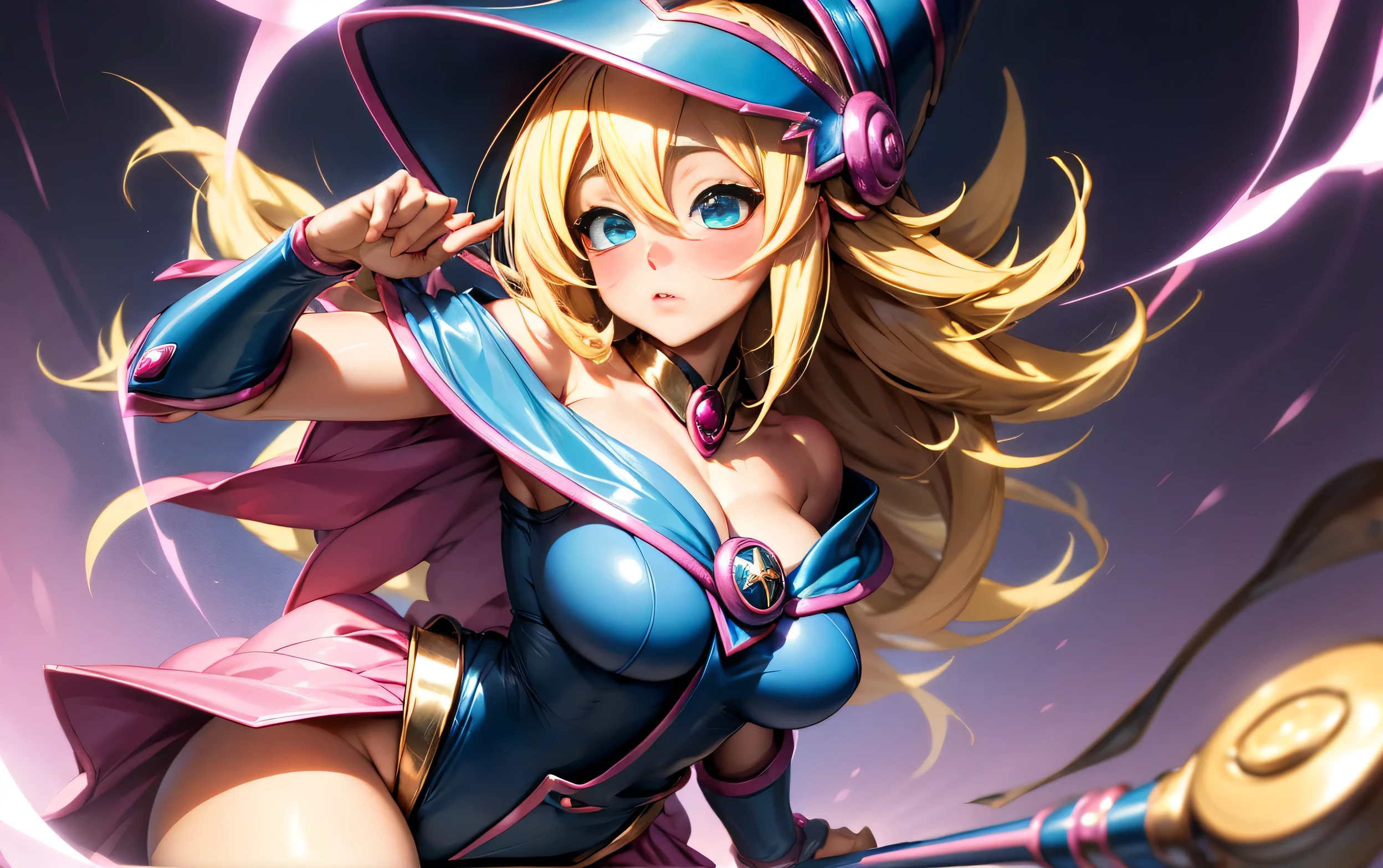 black magician girl、Super thick chest、very blonde hair、magic circle、8k, 4k, Of the highest quality, High resolution: 1.2),flicker、an exposed 、cute anime face、pink blush on the cheeks.、noise removal、Leotard that bites、have a cane、Keep your stick very close to the.screen