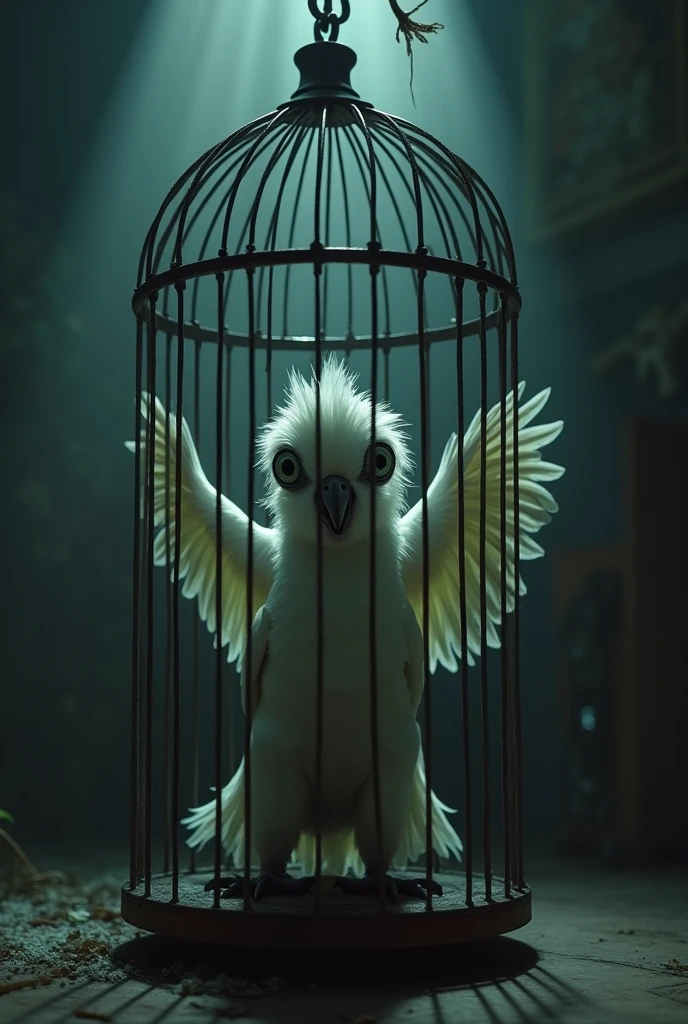A small white parrot with wide beedy eyes flapping its feathers inside a cage in a living room, nightmare