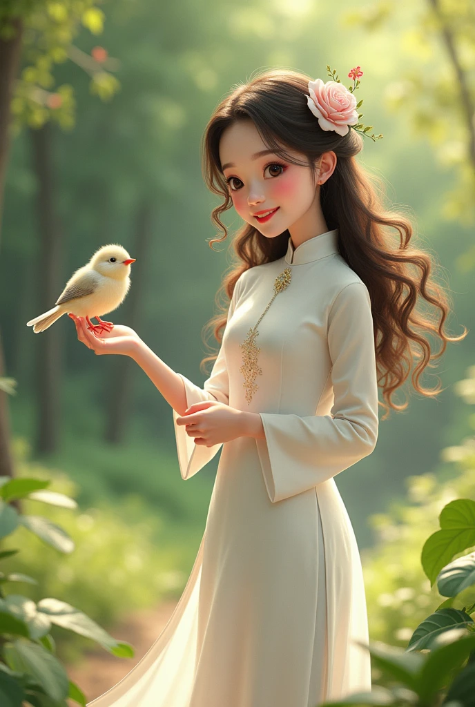 you create a picture of a girl wearing a white ao dai, long curly hair, big eyes and red lips smiling and talking to a bird perched on his hand