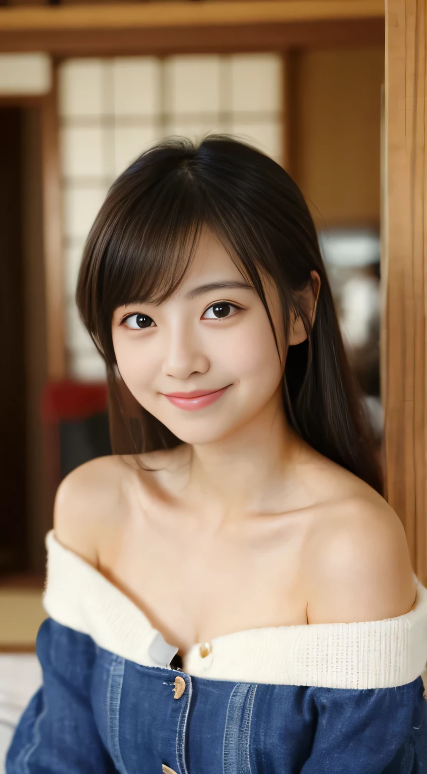 masterpiece,best quality,(Japanese girl),((Beautiful girl)),cleavage,(off shoulder:1.2),(perfect body beauty:1.2),(shy smile),From slightly above