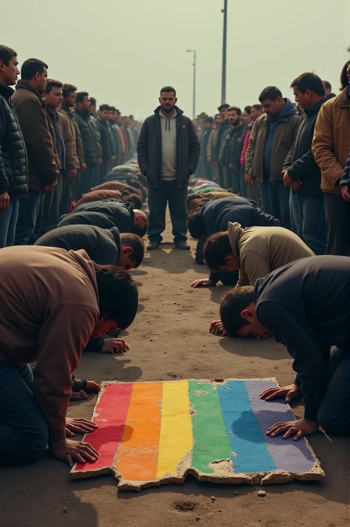 Crowd of people are on their knees with a torn rainbow sign on the ground