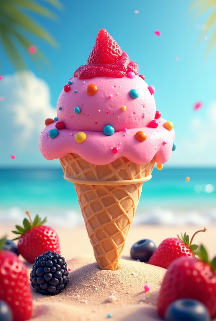 Create a round pink ice cream cone,Top with strawberry jam and colorful chocolate chips,Ice cream cone below. With the beach as a backdrop,Surrounded by cone-shaped strawberries and blackberries,and the sweet summer name fuchsia