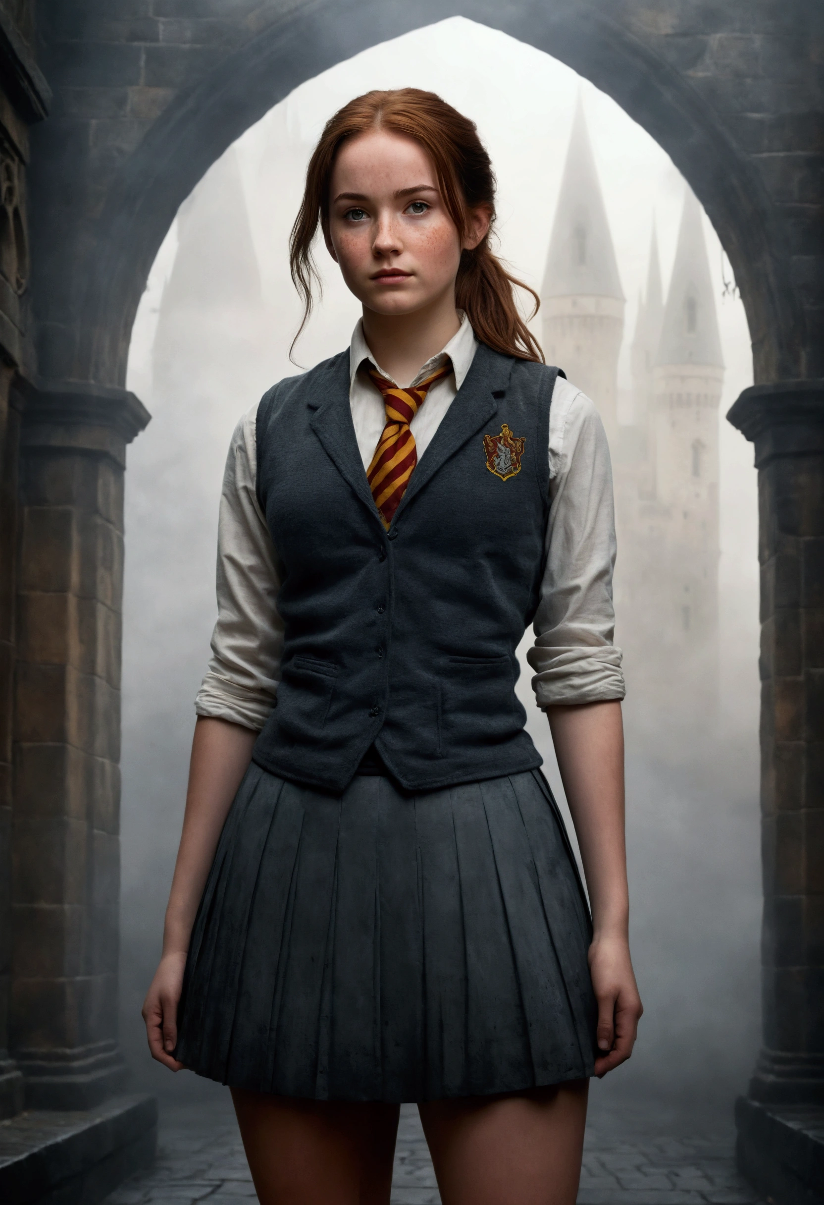 An illustrated movie poster, hand-drawn, full color, a female Hogwarts student, 18 years old, wearing a charcoal vest and a pleated skirt, tall, toned, amazonian stature, athletic hourglass figure, full wide hips, massive round butt, long shapely legs, ridiculously thick powerful thighs, deep dark auburn hair, messy ponytail, flushed sun-kissed complexion, freckles, resembles Genevieve O'Reilly, standing in a foggy Hogwarts courtyard, surrounded by mist, graphite shading, stencil marks, airbrushed acrylic paint, masterpiece, in the Deathly Hallows