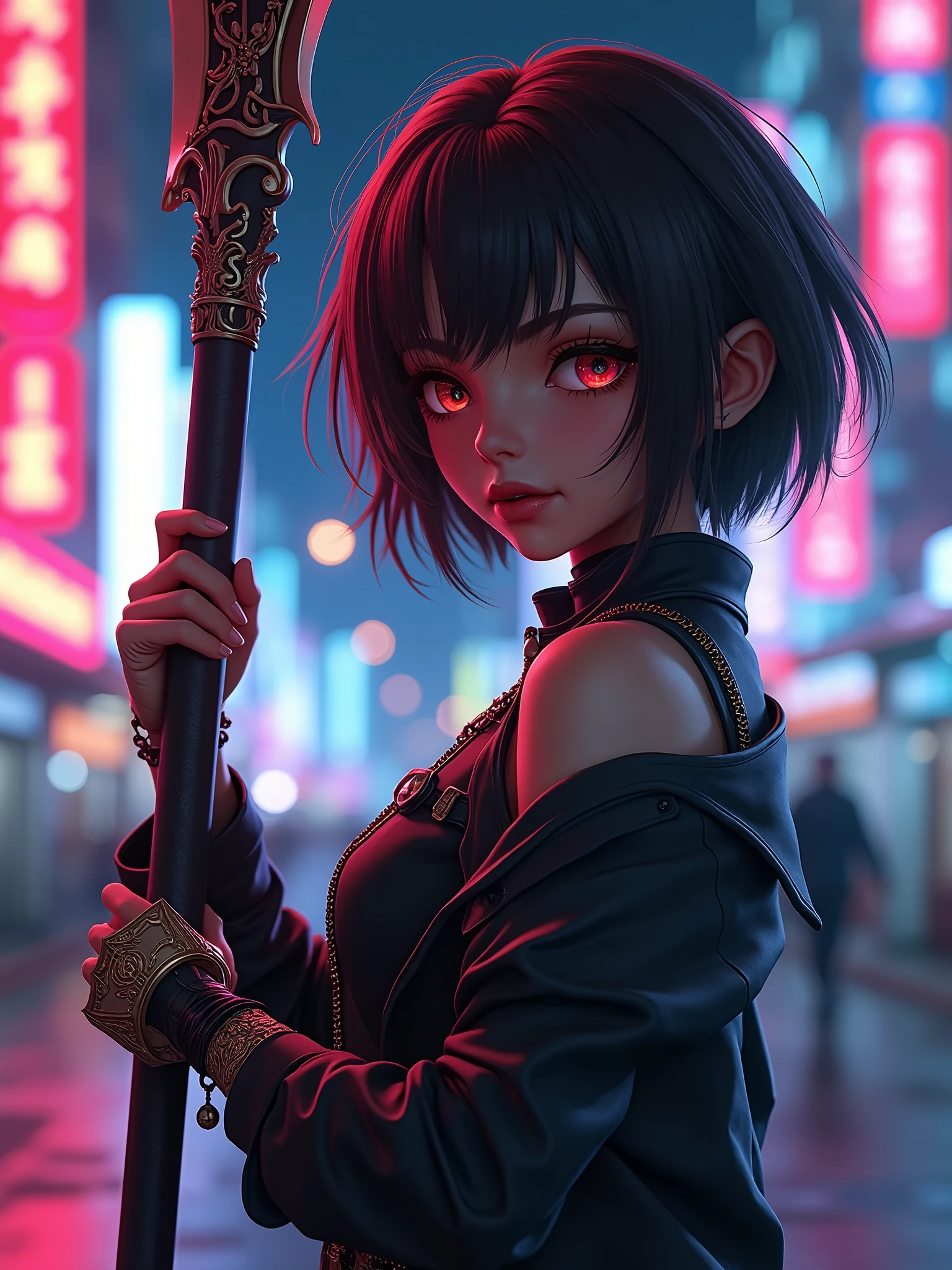 A reaper girl, 23 years old, carrying a scythe,brown short hair, 8k, highest quality, fantasy, vibrant colors, futuristic, brown skin, beautiful casual clothes, neon color, night vision