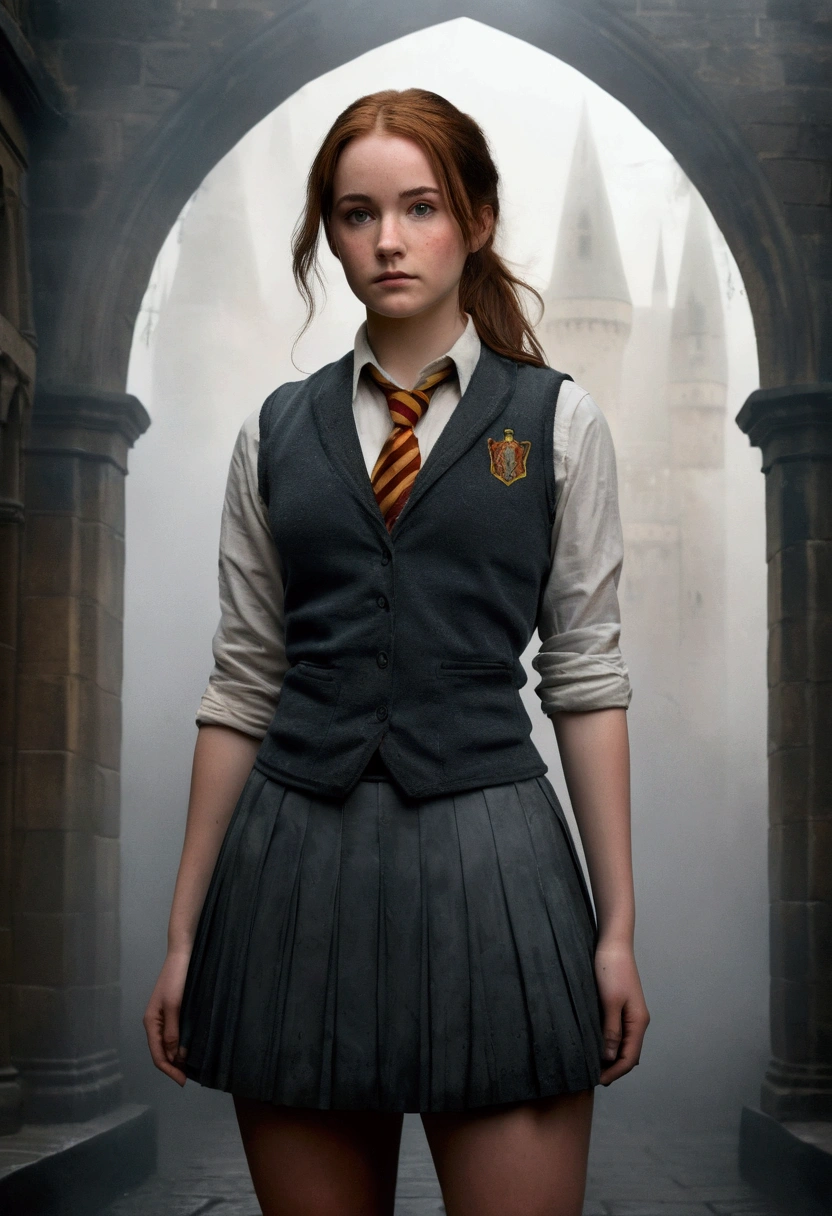 An illustrated movie poster, hand-drawn, full color, a female Hogwarts student, 18 years old, wearing a charcoal vest and a pleated skirt, tall, toned, amazonian stature, athletic hourglass figure, full wide hips, massive round butt, long shapely legs, ridiculously thick powerful thighs, deep dark auburn hair, messy ponytail, flushed sun-kissed complexion, freckles, resembles Genevieve O'Reilly, standing in a foggy Hogwarts courtyard, surrounded by mist, graphite shading, stencil marks, airbrushed acrylic paint, masterpiece, in the Deathly Hallows