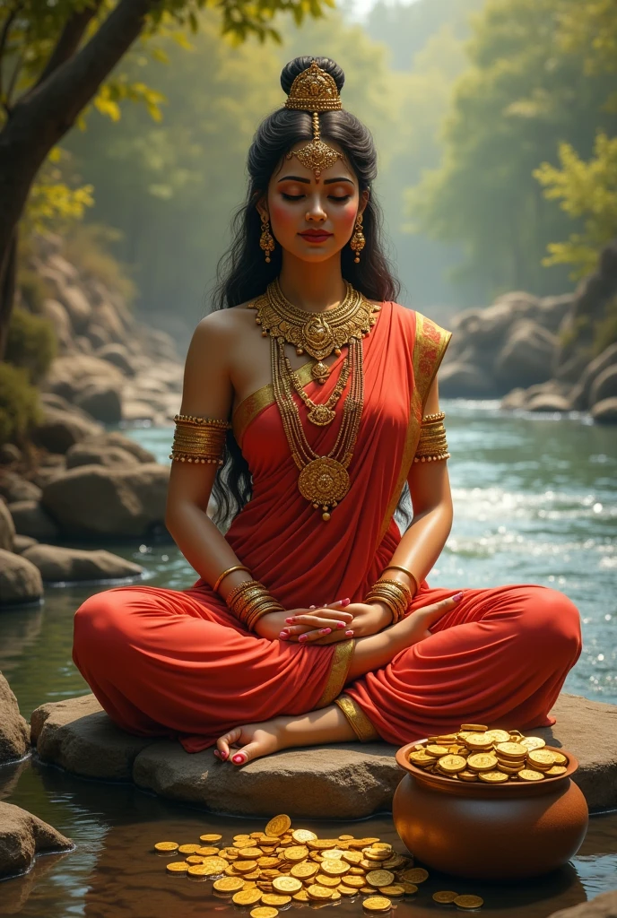 Goddesses Laxmi ji sitting + running water aside + gold coins in pot