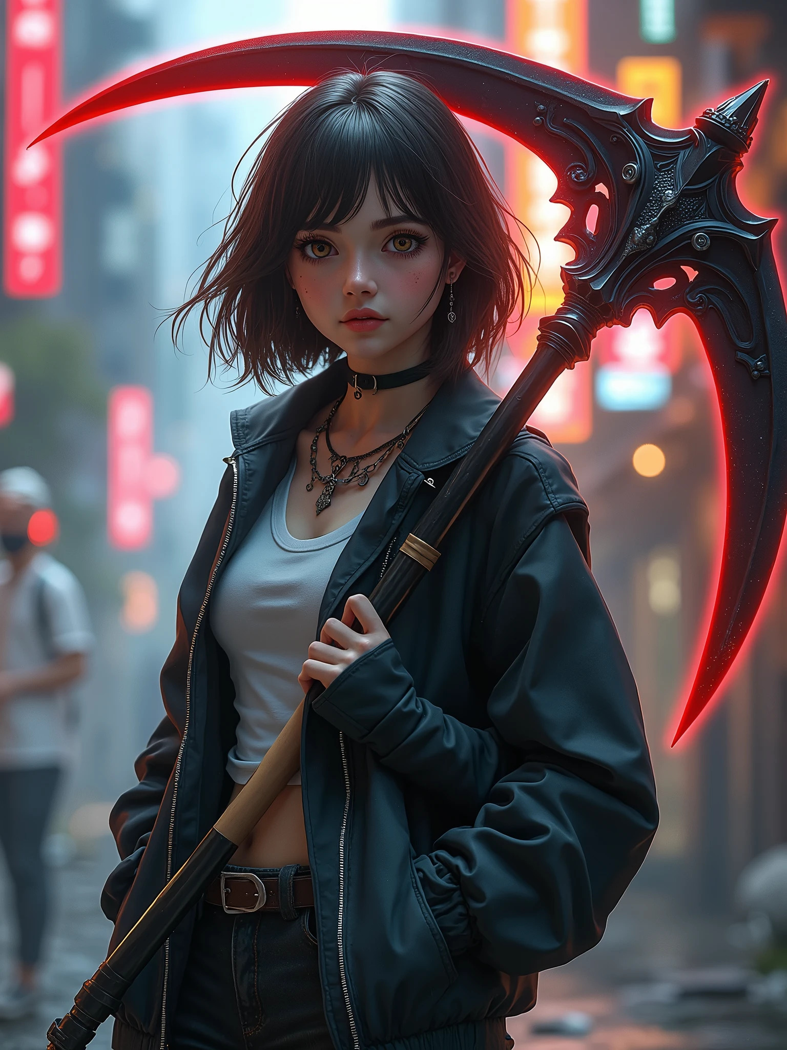 A reaper girl, 23 years old, carrying a scythe,brown short hair, 8k, highest quality, fantasy, vibrant colors, futuristic, brown skin, beautiful casual clothes,