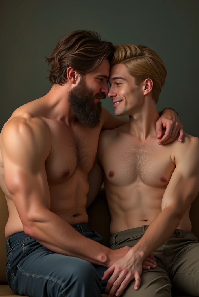 Generates a 25-year-old man, with masculine hair down to below the ears and wavy brown, with beard and brown eyes. thick build pero musculoso, very tall and military. Having sitting on his lap face to face, intimately to, Chico, 22 years old. thick build, muscular and quite tall. skin very white. blond hair, smooth and medium. Without beard. Big, blue eyes, good look and gentle smile. shirtless. military dress.
realist.