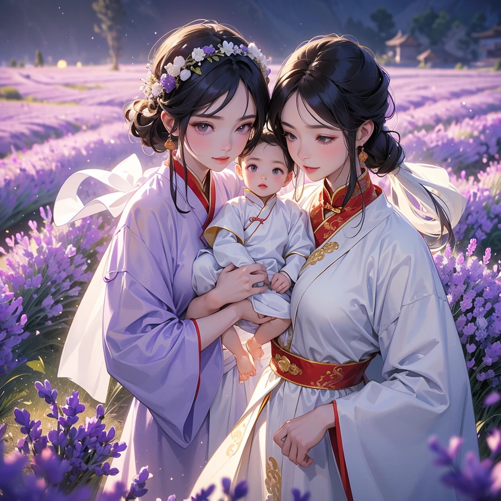 A one-year-old baby boy in an ancient Chinese baby costume with his beautiful mother, dressed in an white ancient Chinese costume, Stroll among the purple lavender fields , There are some floating clouds, playing with each other, with his handsome father standing next to his mother, close up.