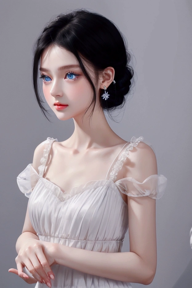 1 female, Black Hair, Blue Eyes, Delicate face, cute, Love Earrings, White Dress, , Playful, Ultra HD, masterpiece, Highest quality, Super Detail, Accurate、Upper Body、最高masterpiece、Highest quality、Ultra delicate、beautiful、超beautiful、up