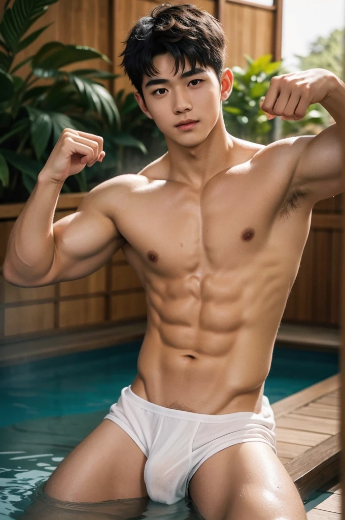 , Slim fit body, teen bodhota, very boy face, 15 years old boy,young kids, Very young teenager boymazing Japanese Onery, Outdoors, he wore a small transparent towel covering half of his big dick, Sweat dripping all over the body, sweat covering all over the body, bathing in japanese outdoors Onsen, Full body photo, wearing Very tiny towel, Proudly showing off his sweaty very hairy armpits to audience in japanese Onsen, completely naked just wearing thin Tiny white towelyears old boy, very young boy, Cinematic s illuminates a stunningly detailed and ultra-realistic handsome korean male supermodel, ultra messy curly hair, clear honey eyes, captivating perfect smile, sensual, hot man, insanely handsome, showing off his sweaty body, very sixpack muscular body build, slender, toned, full body, 8k, photography, masterpiece, detailed face, detailed eyes, sexy, beautiful abdomen and beautiful legs and a detailedg hard bulge, expression of ecstasy, excited, slim, detailed eyes and lips, sixpack and y. Image quality is of the highest standard, with ultra-detailed features and a realistic appearance. The colors are bright and vibrant, enhancing the overall aesthetic. The lighting is soft and natural, casting a soft glow on the boy, don't merge body's