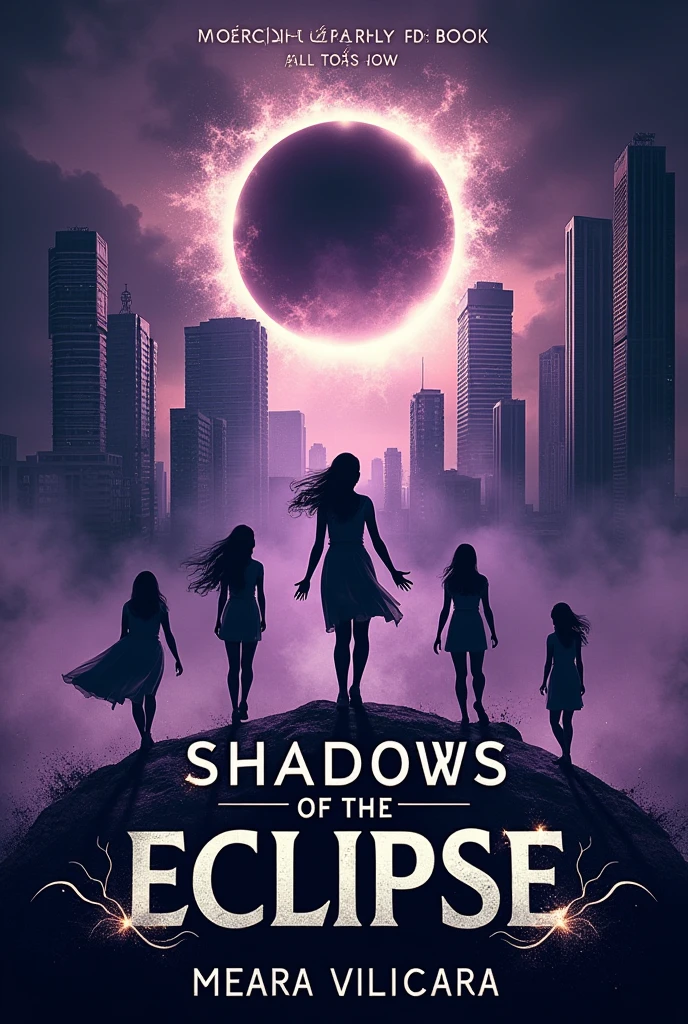 Create a book cover for "Shadows of the Eclipse" featuring a modern Mumbai skyline fading into a mystical, shadowy space. In the foreground:
- Aarohi Mehta (The Empath) with a soft, ethereal glow around her, positioned center-left.
- Sana Kapoor (The Shadow Walker) in a stealthy pose, blending into the shadows, center-right.
- Diya Sharma (The Pyrokinetic) at the bottom-center, surrounded by swirling flames and embers.
- Riya Desai (The Time Weaver) at the top-center, manipulating time-related symbols or a clock.
- Meera Iyer (The Telepath) at the bottom-left, connected to the other characters with digital or telepathic lines.
Include a dramatic eclipse partially obscuring the sun, with a bold, modern serif font for the title at the top or bottom. Use deep purple, black, and hints of silver or gold for the colors.