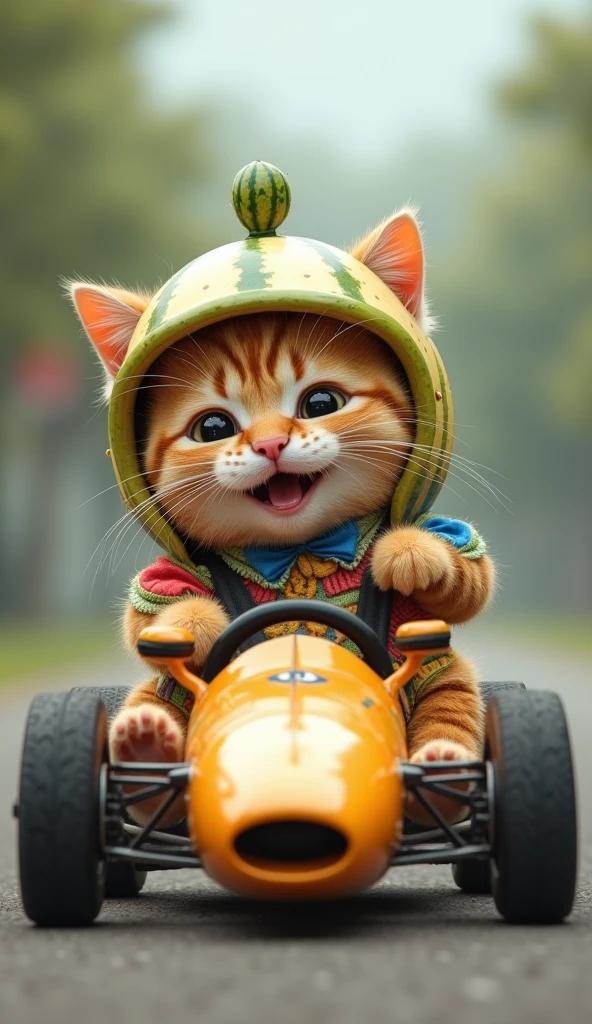 A photorealistic, 64K, image of a cute, fat cat riding a small formula car that is perfectly suited to its size. The cat is dressed in a colorful outfit, enhancing its adorable appearance. On its head, it wears a helmet made from a melon shell, fitting snugly and adding a whimsical touch. The cat’s expression is one of pure joy and excitement, capturing the playful and delightful nature of the scene