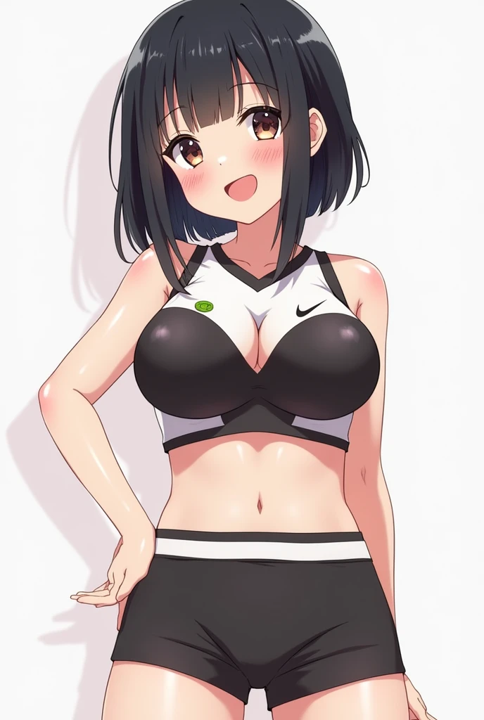 an image of an anime girl with her very big breasts in a sexy voice, breasts, black hair, sportswear, Volleyball Uniform, red ,1 girl, blush, open mouth , small 