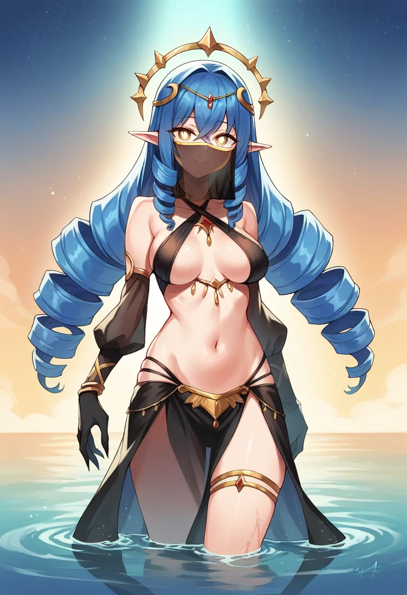 1girl, alternate costume, bangs, bare shoulders, bikini, black gloves, black skirt, blue hair, bracelet, breasts, breasts apart, bright pupils, brown eyes, circlet, claw ring, dancer, detached sleeves, drill hair, drill locks, gloves, hair between eyes, halterneck, jewelry, long hair, looking at viewer, medium breasts, mouth veil, navel, pelvic curtain, pointy ears, reflection, reflective water, revealing clothes, ripples, see-through, sidelocks, skirt, sky, smile, solo, standing, star \(sky\), stomach, swimsuit, thighlet, thighs, twin drills, veil, very long hair, wading, water, white pupils, yellow eyes