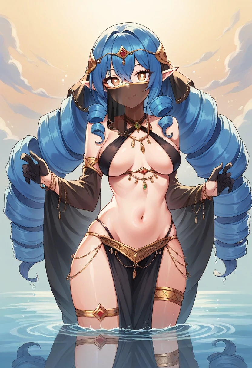 1girl, alternate costume, bangs, bare shoulders, bikini, black gloves, black skirt, blue hair, bracelet, breasts, breasts apart, bright pupils, brown eyes, circlet, claw ring, dancer, detached sleeves, drill hair, drill locks, gloves, hair between eyes, halterneck, jewelry, long hair, looking at viewer, medium breasts, mouth veil, navel, pelvic curtain, pointy ears, reflection, reflective water, revealing clothes, ripples, see-through, sidelocks, skirt, sky, smile, solo, standing, star \(sky\), stomach, swimsuit, thighlet, thighs, twin drills, veil, very long hair, wading, water, white pupils, yellow eyes