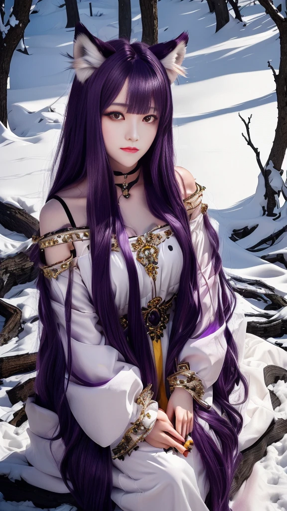 Fenrir, purple hair, long hair, yellow eyes, wolf ears, white dress, portrait, 