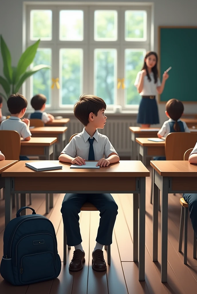 Create an image of boy who siiting in the class room wear the school uniform and bag Teacher standing on the class room teaching the kids