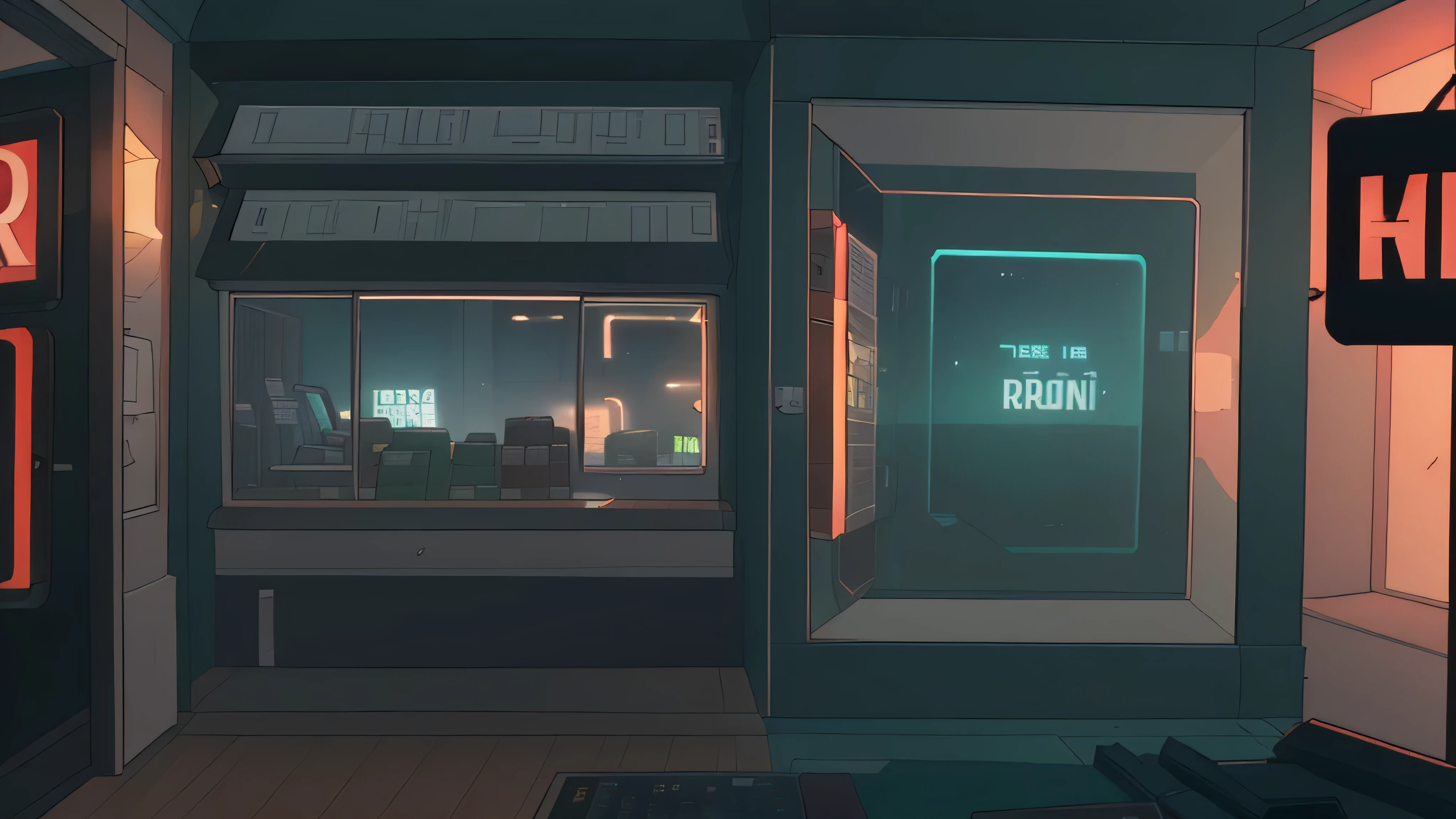 ground view, (groceries store (inside)), russianebenya, dark evening, movie still, cyberpunk, neon lights, 90mm lens, vhs, masterpiece, best quality, (film grain:1.1), ultra high res, RAW