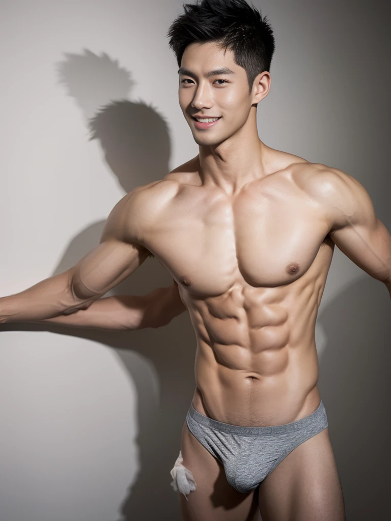 Asian male model in a briefs, handsome asian guy, handsome man, Full Body Shoot, photoshoot, male underwear, briefs, portrait, look at camera, detailed facial parts, Manly, Charmer, Active Boy, standing, harness, happy expression, smile, perfect anatomy, symmetric body, asian boy 20years old, shirtless :: high detail, asian, a little six packs attractive body, realistic, human skin, Short Hairstyle, handsome chad chin, shirtless, handsome, lean muscle, attractive, slightly muscular man, masculine, sexually attractive, human skin, (eyes contact), Handsome, Attractive, bulge in briefs, The crotch is raised