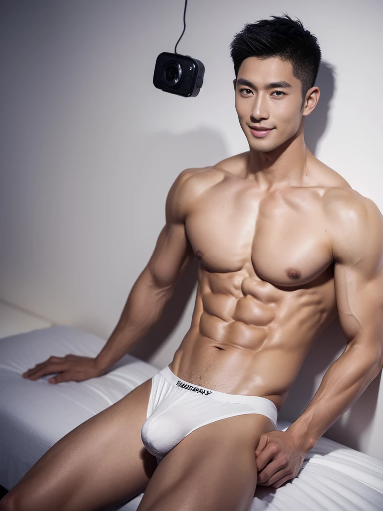 Asian male model in a briefs, handsome asian guy, handsome man, Full Body Shoot, photoshoot, male underwear, briefs, portrait, look at camera, detailed facial parts, Manly, Charmer, Active Boy, standing, harness, happy expression, smile, perfect anatomy, symmetric body, asian boy 20years old, shirtless :: high detail, asian, a little six packs attractive body, realistic, human skin, Short Hairstyle, handsome chad chin, shirtless, handsome, lean muscle, attractive, slightly muscular man, masculine, sexually attractive, human skin, (eyes contact), Handsome, Attractive, bulge in briefs, The crotch is raised