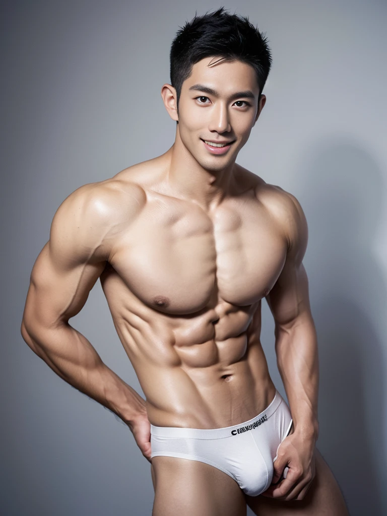 Asian male model in a briefs, handsome asian guy, handsome man, Full Body Shoot, photoshoot, male underwear, briefs, portrait, look at camera, detailed facial parts, Manly, Charmer, Active Boy, standing, harness, happy expression, smile, perfect anatomy, symmetric body, asian boy 20years old, shirtless :: high detail, asian, a little six packs attractive body, realistic, human skin, Short Hairstyle, handsome chad chin, shirtless, handsome, lean muscle, attractive, slightly muscular man, masculine, sexually attractive, human skin, (eyes contact), Handsome, Attractive, bulge in briefs, The crotch is raised