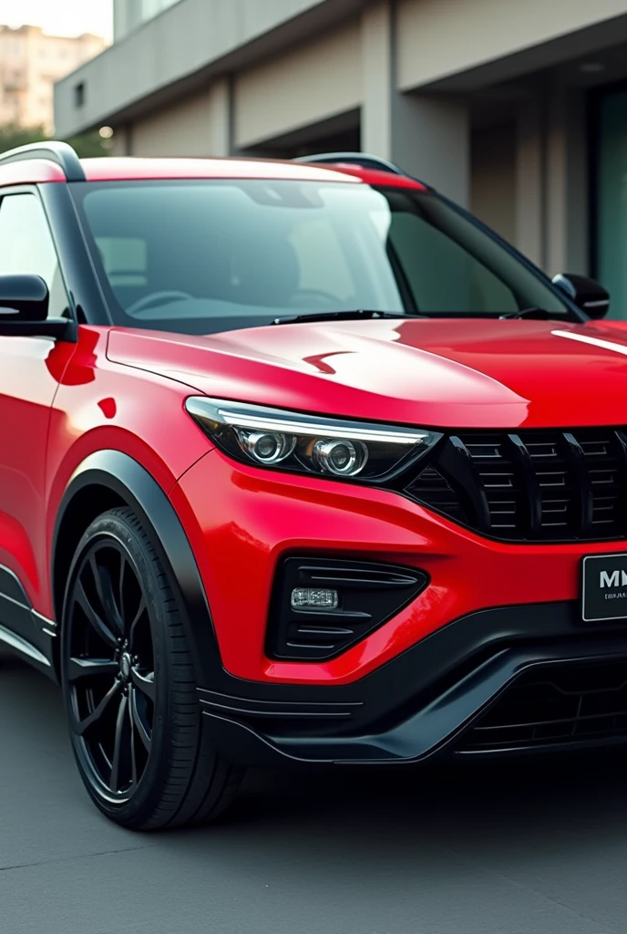 Create a highly realistic image of a Mahindra XUV 700 with sleek, modern modifications. The car should be in a vibrant, glossy red color, with custom black rims, tinted windows, and aggressive front and rear bumpers. Add subtle black accents to the body, such as a blacked-out grille and side mirrors. The headlights should feature sharp, LED strips for a modern look. The setting should be an urban environment, possibly on a city street or in front of a modern building, to highlight the car's stylish modifications

This prompt should create an image that showcases the Mahindra XUV 700 in an enhanced, eye-catching form.