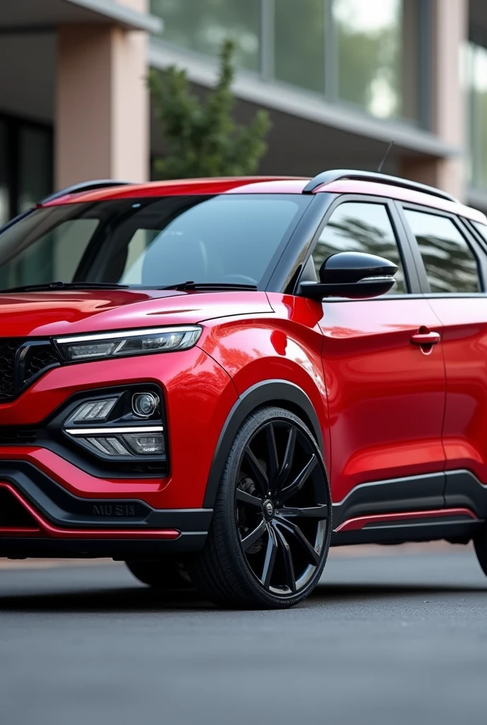 Create a highly realistic image of a Mahindra XUV 700 with sleek, modern modifications. The car should be in a vibrant, glossy red color, with custom black rims, tinted windows, and aggressive front and rear bumpers. Add subtle black accents to the body, such as a blacked-out grille and side mirrors. The headlights should feature sharp, LED strips for a modern look. The setting should be an urban environment, possibly on a city street or in front of a modern building, to highlight the car's stylish modifications
This prompt should create an image that showcases the Mahindra XUV 700 in an enhanced, eye-catching form.