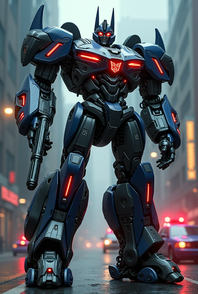 1 extremely detailed megatron decepticon robot. Organic form , highly detailed cybernetic mech, intricate biomechanical machinery, industrial metallic textures, complex sci-fi design, Megatron Nissan GT-R 35 striking pose, intense expression, glowing energy effects, dramatic cinematic lighting, epic dramatic composition, moody dark color palette, (best quality,4k,8k,highres,masterpiece:1.2),ultra-detailed,(realistic,photorealistic,photo-realistic:1.3. bazooka on hand. Police stripe. White black. Police sirens. Michael bay. Travis Scott